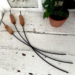 Vintage Wood Cat Tails MCM Metal Faux Botanicals 17” Bohemian Home Decor